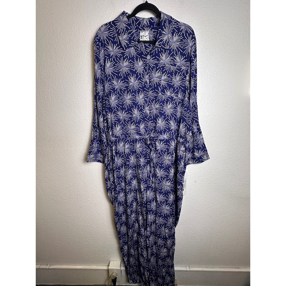 Muk Luks Women 1X Blue White Burst Print Long Sleeve Drawstring Jumpsuit NWT